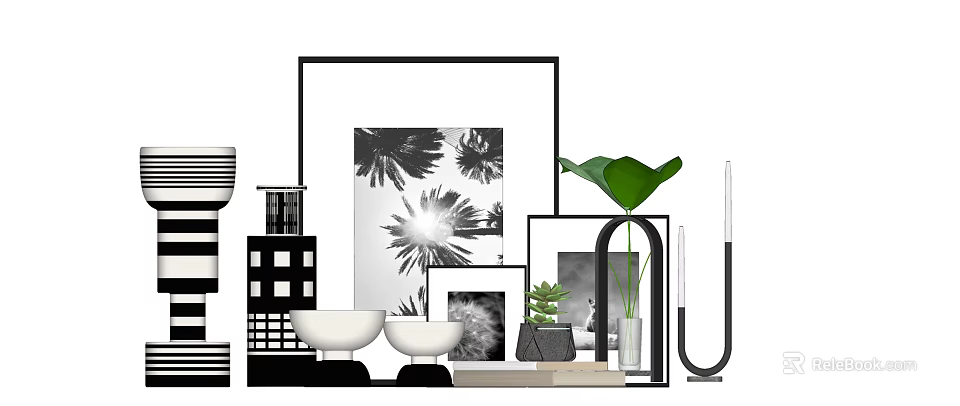 Modern Decorative Ornament Set With Black White Prints Green Leaf Ceramic Bowls And Frames 3d model 
