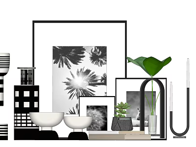 Modern Decorative Ornament Set With Black White Prints Green Leaf Ceramic Bowls And Frames 3d model