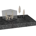 Decorative Ornament Set With Abstract Figure Sculptures And Tree Shaped Ornaments On Marble Platform