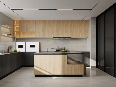 Modern Restaurant Kitchen With Wooden Cabinets Island Counter And White Appliances 3d model