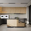 Modern Restaurant Kitchen With Wooden Cabinets Island Counter And White Appliances
