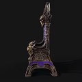 Ornate Throne Chair With Purple Padded Seat Skull Decorations And Metal Carvings