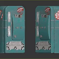Two Turquoise Vintage Coin Operated Machines With Red Logos And Slots