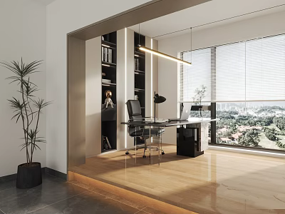Modern Study Room With Wooden Desk Office Chair Pendant Light Bookshelf And City View 3d model