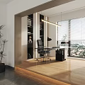Modern Study Room With Wooden Desk Office Chair Pendant Light Bookshelf And City View
