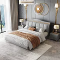 Elegant Modern Double Bed Background With Gray Headboard Golden Accents Round Mirrors Nightstands Table Lamps