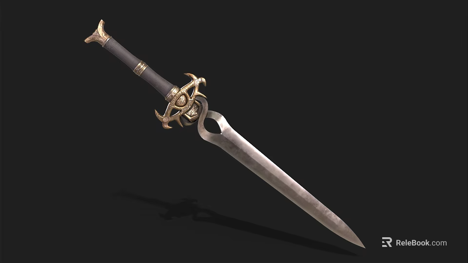 Ornate Antique Sword With Black Hilt Golden Decorative Guard And Sharp Metal Blade 3d model 