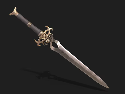 Ornate Antique Sword With Black Hilt Golden Decorative Guard And Sharp Metal Blade 3d model