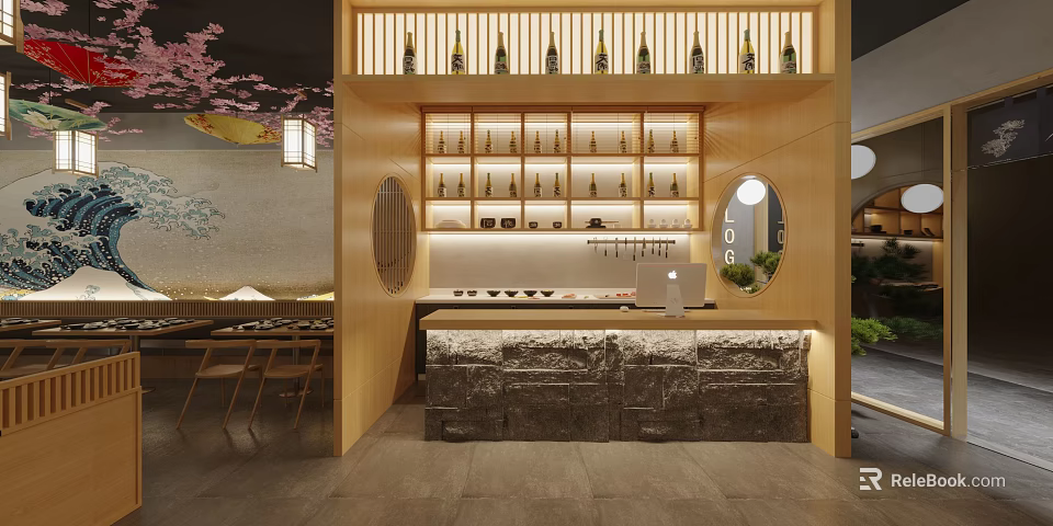 Japanese Restaurant Interior With Bar Counter Stone Top Wooden Wine Rack And Cherry Blossom Decor 3d model 