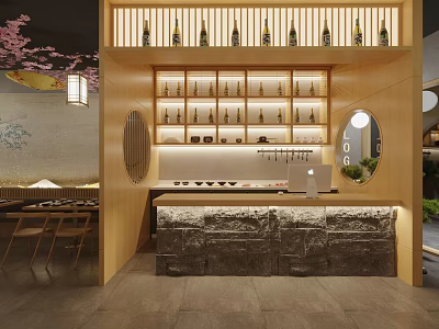 Japanese Restaurant Interior With Bar Counter Stone Top Wooden Wine Rack And Cherry Blossom Decor 3d model