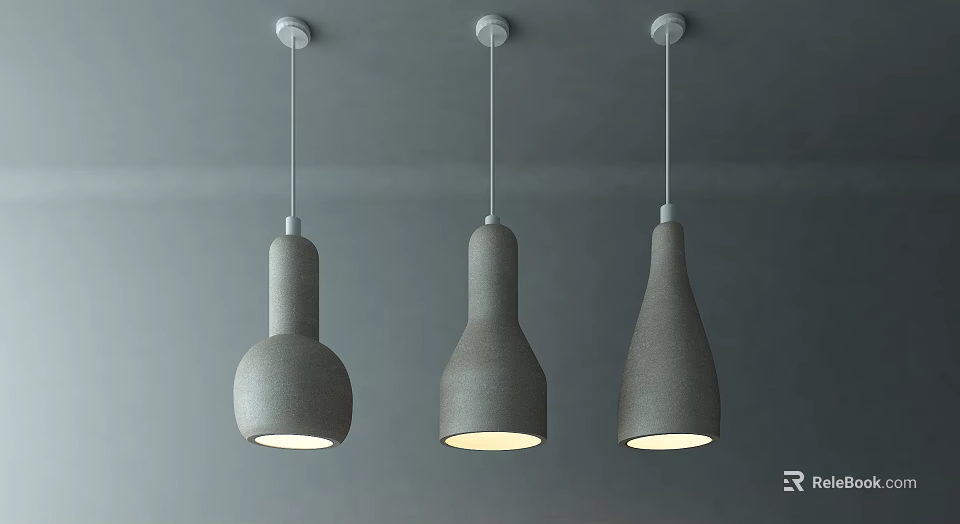 Three Modern Concrete Pendant Lights Hanging From Gray Ceiling With Illuminated Glow 3d model