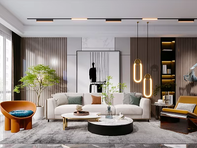 Modern Living Room Interior With Beige Sofa Coffee Tables Plants Pendant Lights And Wall Art 3d model