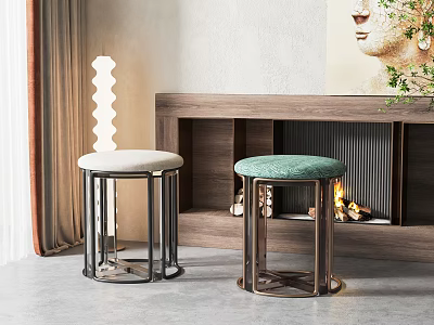 Modern Interior Design With Two Stools White Green Cushioned Seats Metal Legs Fireplace And Plants 3d model