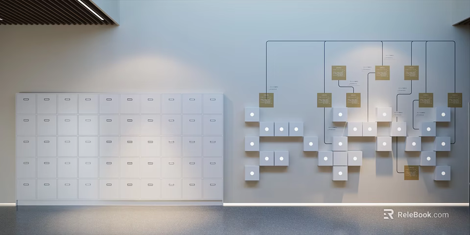 Modern Wall Design with White Storage Lockers Modular Square Panels and Small Lights 3d model 