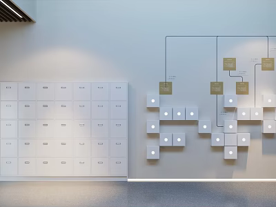 Modern Wall Design with White Storage Lockers Modular Square Panels and Small Lights 3d model