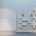Modern Wall Design with White Storage Lockers Modular Square Panels and Small Lights 3d model