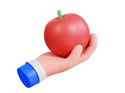 Red Apple With Green Stem Held In Human Hand On White Background 3d model