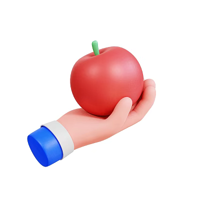Red Apple With Green Stem Held In Human Hand On White Background 3d model