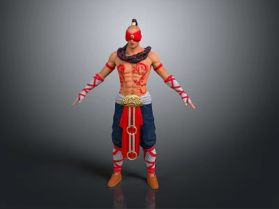 Man With Red Blindfold Tattoos On Upper Body Arm Wraps Blue Pants And Golden Belt 3d model