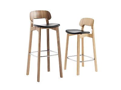 Modern Wooden Bar Stools With Curved Backrest Black Seat And Metal Footrest 3d model