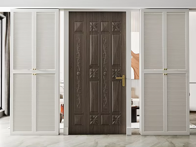 Elegant Dark Hinged Door With Carved Patterns Golden Handle And White Louvered Panels 3d model