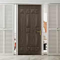 Elegant Dark Hinged Door With Carved Patterns Golden Handle And White Louvered Panels
