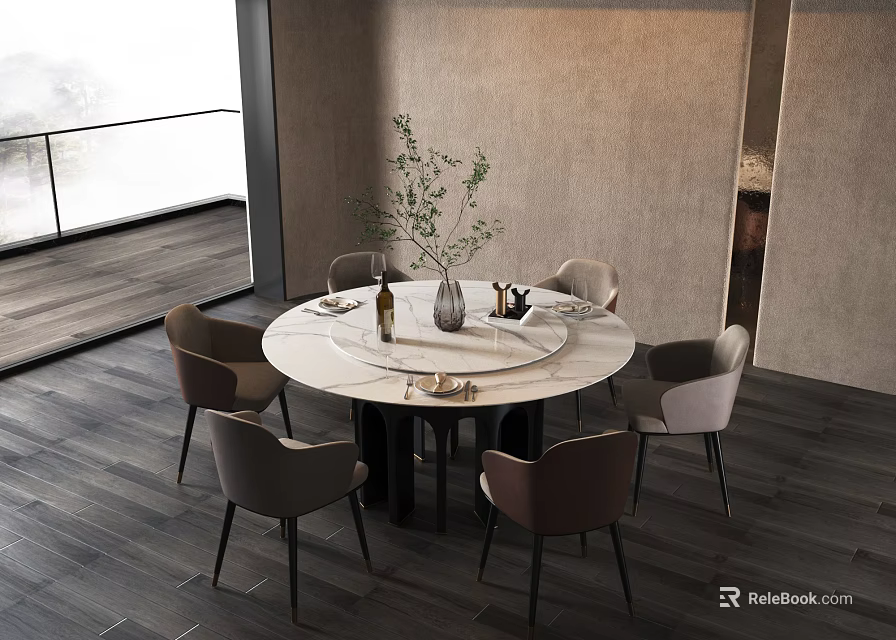 Modern Round Dining Table Set With Six Chairs Vase Tableware And Wine Bottle In Interior 3d model