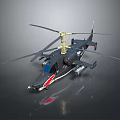 Black Military Style Helicopter With Shark Mouth Design Rotors And Reflection On Gray Background