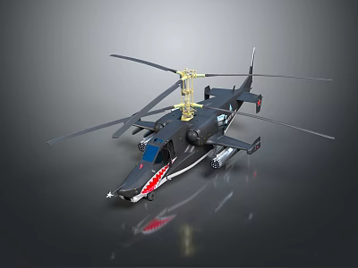 Black Military Style Helicopter With Shark Mouth Design Rotors And Reflection On Gray Background 3d model