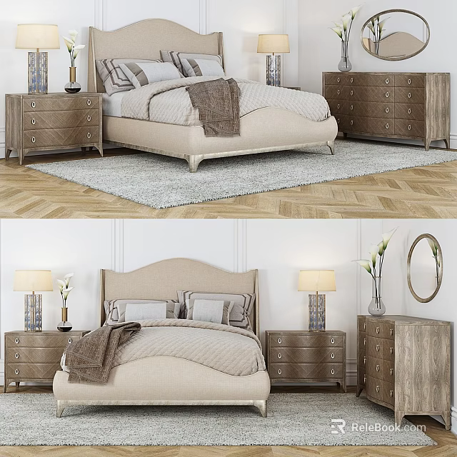 Cozy Modern Bedroom Featuring Double Bed Wooden Nightstands Dresser And Herringbone Rug 3d model 