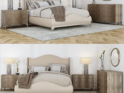 Cozy Modern Bedroom Featuring Double Bed Wooden Nightstands Dresser And Herringbone Rug 3d model