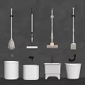 White Cleaning Tools and Mop Sinks Arranged on Gray Background Wall 3d model