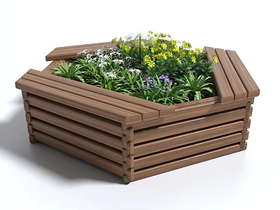 Wooden Hexagonal Garden Planter Box With Colorful Yellow White Purple Flowers And Slatted Design 3d model