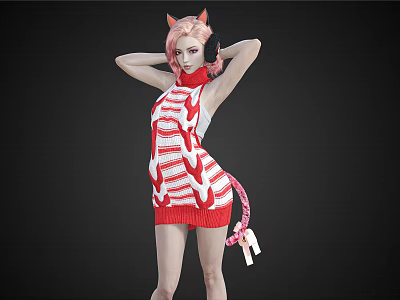Woman with pink hair and cat ears wearing red and white striped dress and tail 3d model