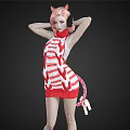 Woman with pink hair and cat ears wearing red and white striped dress and tail