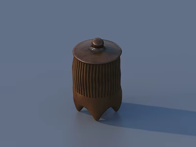 Brown Striped Ceramic Vessel With Lid And Three Legged Base Design 3d model
