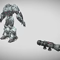 Silver Mechanical Robot Game Movie Character With Weapon Equipment And Armor Details