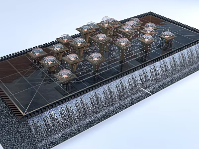 Modern Fountain Installation With Multiple Water Jets Neatly Arranged In Outdoor Landscape Design 3d model