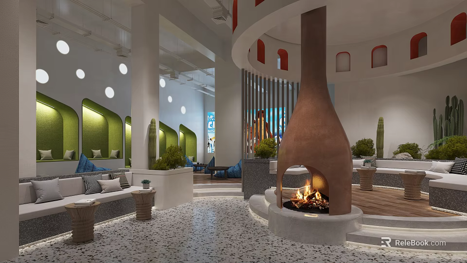 Modern SPA Sauna Interior Design With Fireplace Green Walls White Sofas And Terrazzo Floor 3d model 