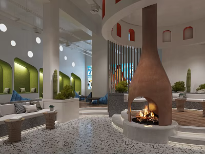 Modern SPA Sauna Interior Design With Fireplace Green Walls White Sofas And Terrazzo Floor 3d model