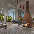Modern SPA Sauna Interior Design With Fireplace Green Walls White Sofas And Terrazzo Floor