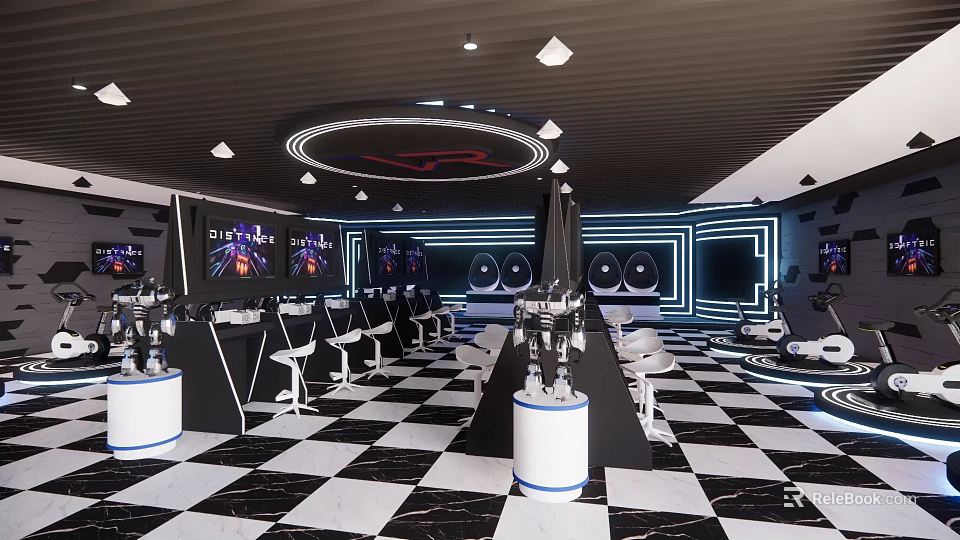 Futuristic Gaming Lounge Interior With Checkered Floor White Chairs And Screens 3d model 