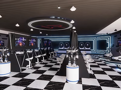 Futuristic Gaming Lounge Interior With Checkered Floor White Chairs And Screens 3d model