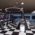 Futuristic Gaming Lounge Interior With Checkered Floor White Chairs And Screens