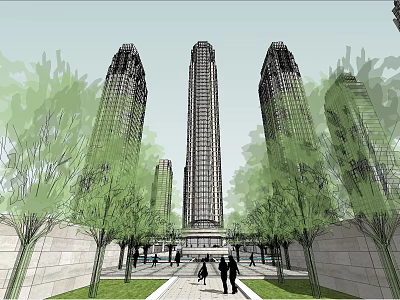 Modern Skyscraper Architecture With Green Trees And Pedestrians In Urban Plaza 3d model