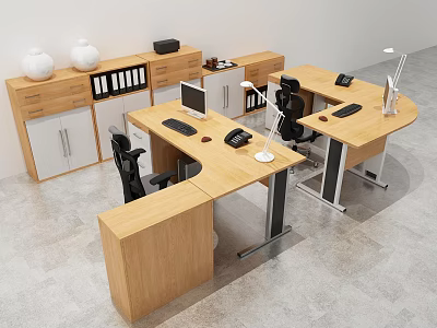 Modern Wooden Office Desk With Computer Phone Office Chair And File Cabinet 3d model