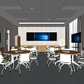 Modern School Multipurpose Classroom Interior With Tables Chairs Large Screens And Wooden Panels