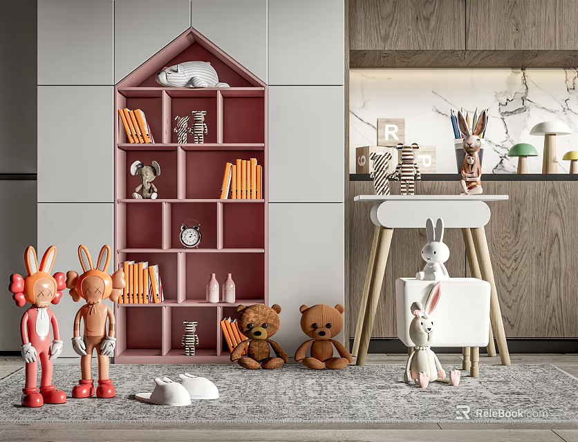 Adorable Stuffed Toys Rabbit Dolls And Teddy Bears On Pink Bookshelf With Books Decorative Items 3d model 