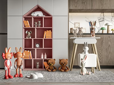 Adorable Stuffed Toys Rabbit Dolls And Teddy Bears On Pink Bookshelf With Books Decorative Items 3d model