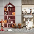 Adorable Stuffed Toys Rabbit Dolls And Teddy Bears On Pink Bookshelf With Books Decorative Items